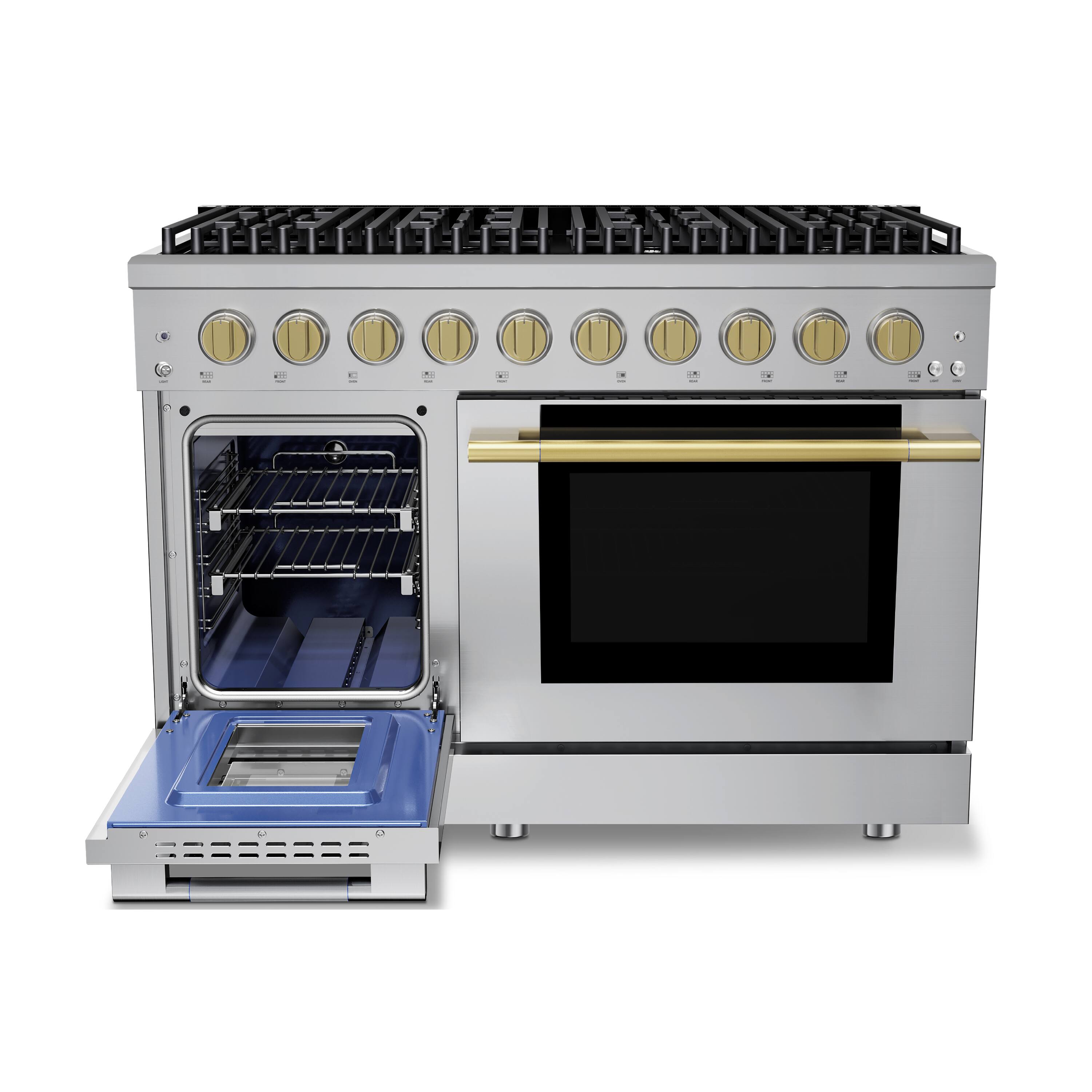 Angle. Hauslane - HausPro 48 in. 8 Burners Gas Range in Satin Brass with 20,000 BTU and Double Oven with 5 Rack Positions - Satin Brass.