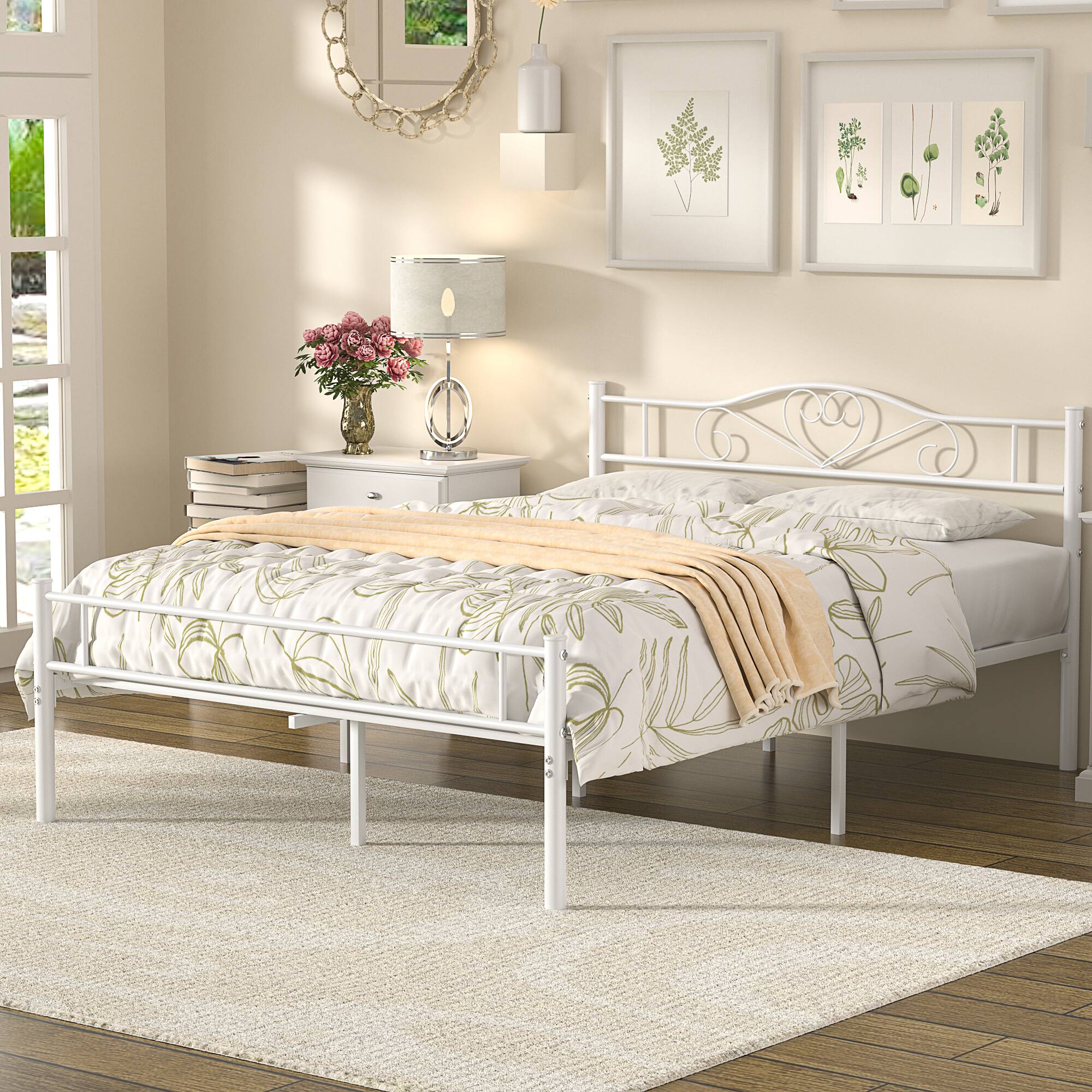 Left. Vecelo - Full Size Metal Bed Frame with Headboard & Footboard - Heavy Duty 660 lbs Capacity, Ornamental Design & Non-Slip Pads - Black.