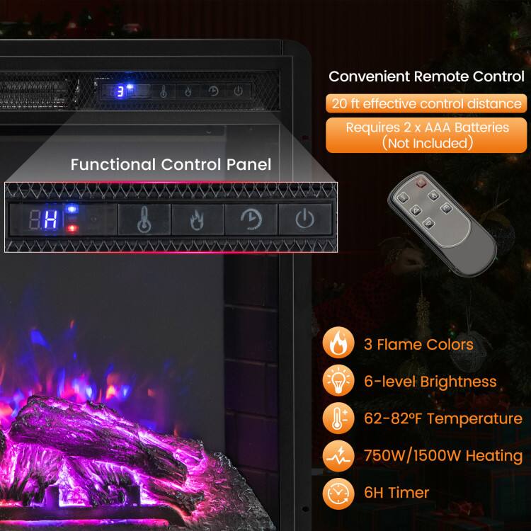 - Convenient Remote Control
  - 20 ft effective control distance
  - Requires 2 x AAA Batteries (Not Included)

- Functional Control Panel

- 3 Flame Colors
- 6-level Brightness
- 62-82°F Temperature
- 750W/1500W Heating
- 6H Timer