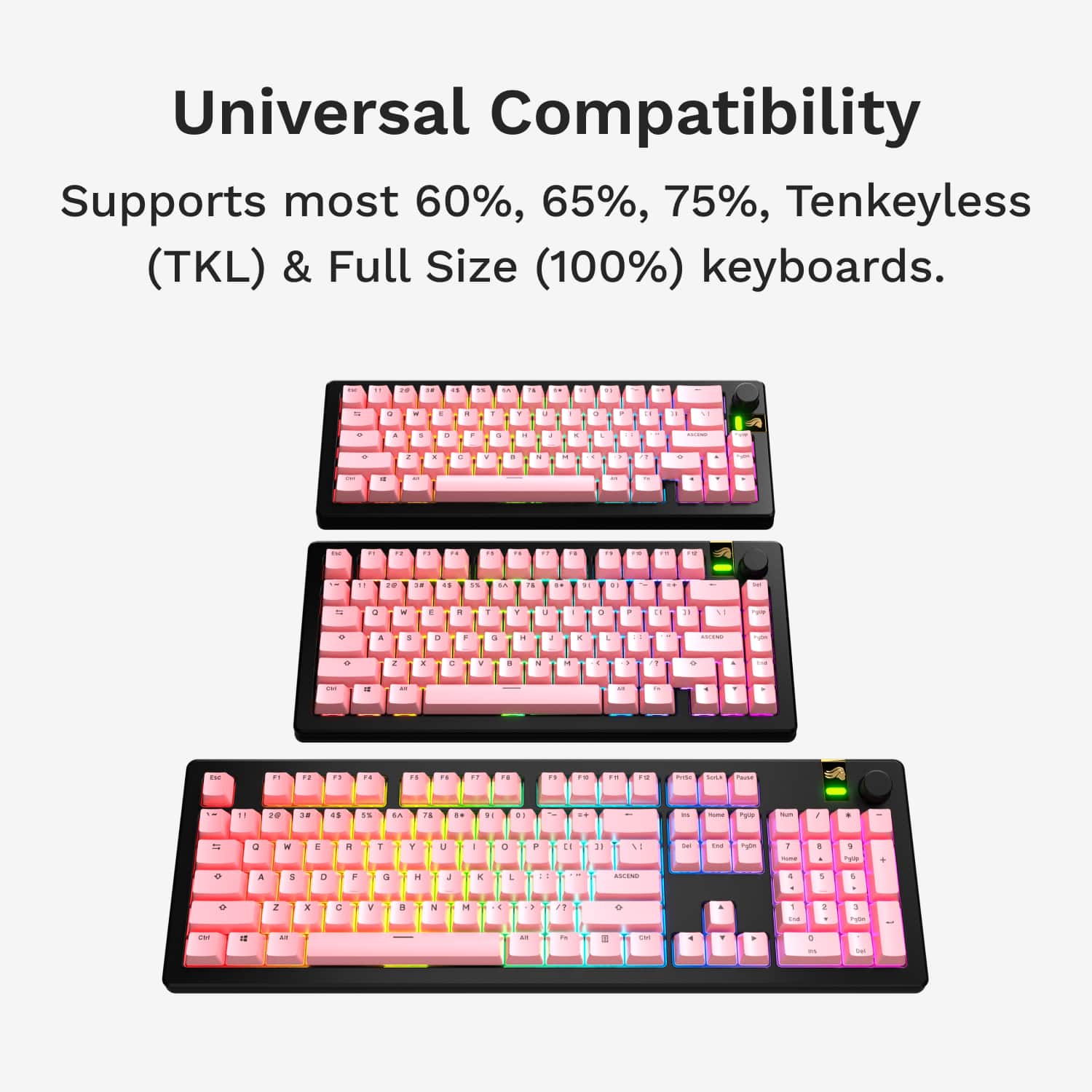 Universal Compatibility: Supports most 60%, 65%, 75%, Tenkeyless (TKL) & Full Size (100%) keyboards.