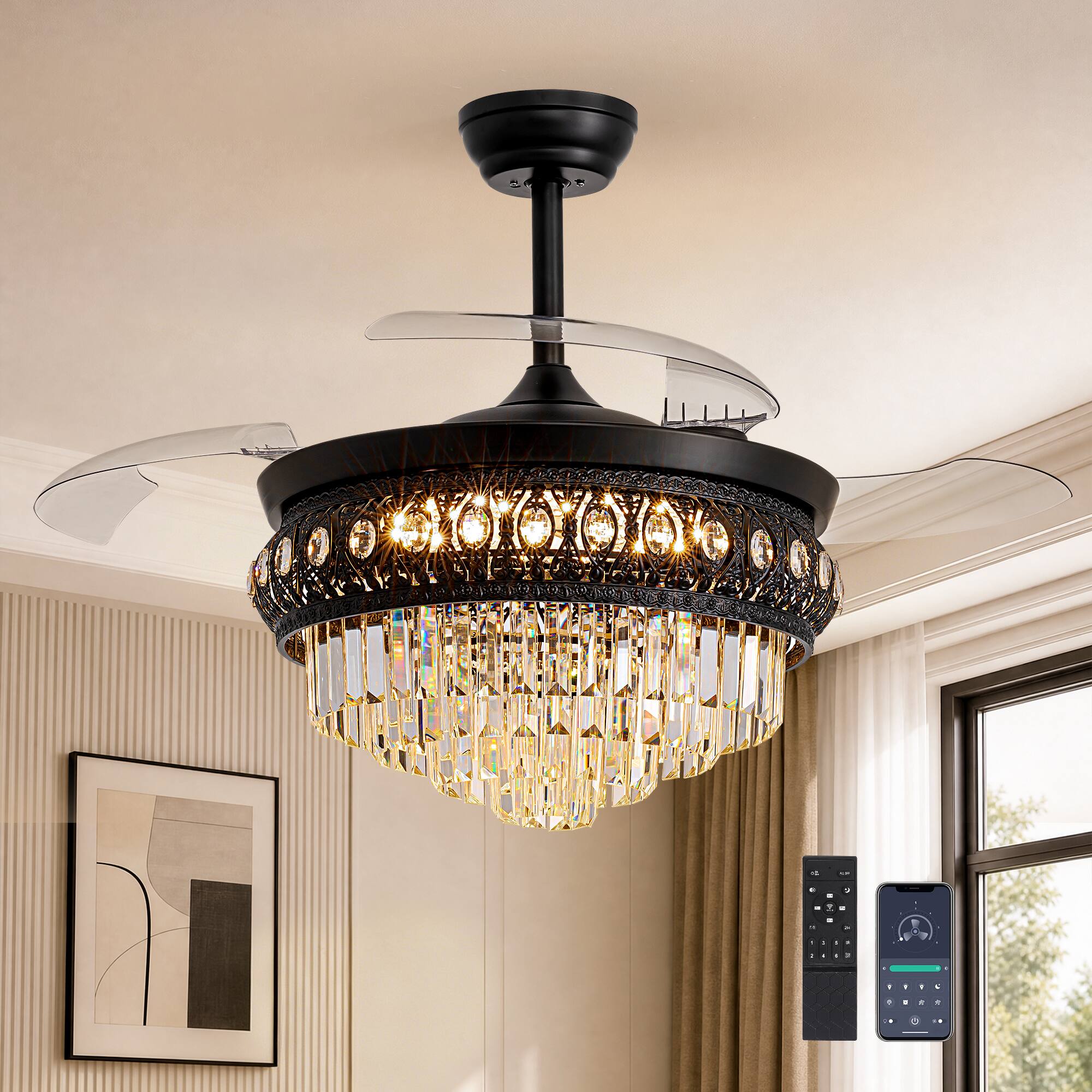 Angle. Siljoy - 48 Inch 3 Retractable Blades Black Downrod Eye Cut K9 Crystal Ceiling Fan Chandelier For Dining Living Kitchen Foyer - Black.