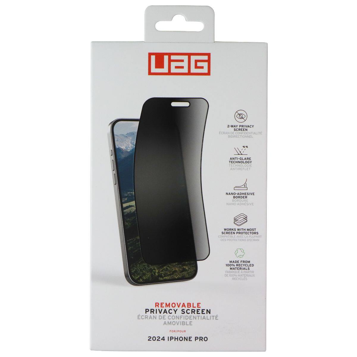 UAG 2-WAY PRIVACY SCREEN ECRAN DE CONFIDENTIALITE BIDIRECTIONNEL. ANTI-GLARE TECHNOLOGY TECHNOLOGIE ANTIREFLET NANO-ADHESIVE BORDERS NANO ADHESIVE WORKS WITH MOST SCREEN PROTECTORS COMPATIBLE AVEC LA PLUPART DES PROTECTIONS D'ECRAN MADE FROM 100% RECYCLED MATERIALS FABRIQUE A PARTIR DE 100% MATÉRIAUX RECYCLES REMOVABLE PRIVACY SCREEN CRAN DE CONFIDENTIALITÉ AMOVIBLE FOR 2024 IPHONE PRO