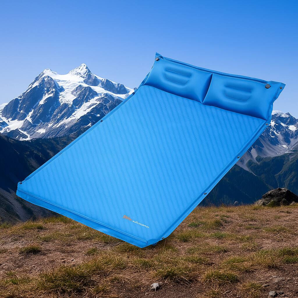 Front. BreeBe - Self-Inflating Outdoor Sleeping Pad with Built-in Pillows and Carry Bag - Blue.