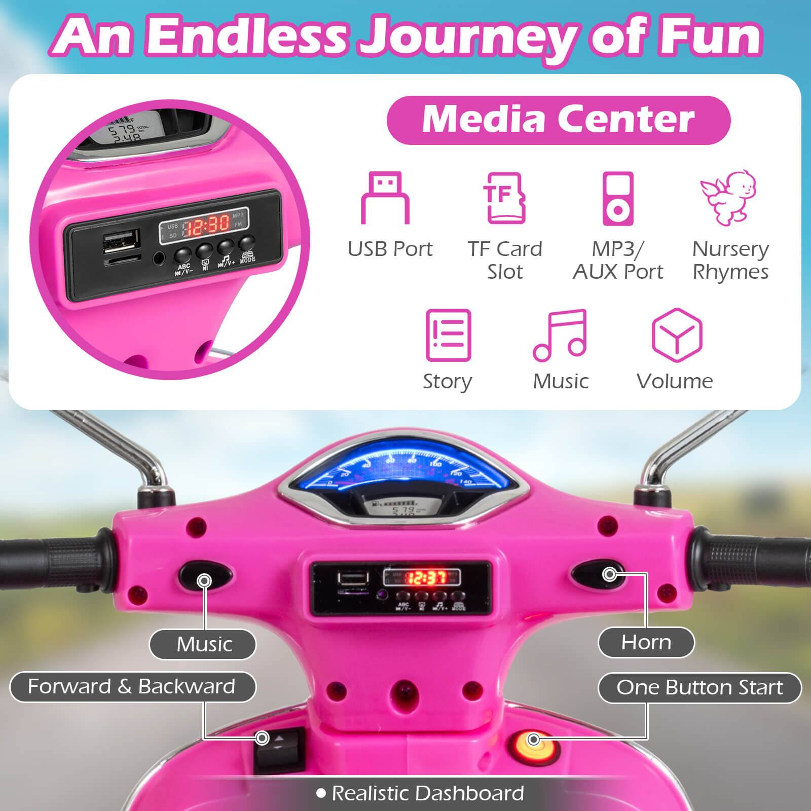 An Endless Journey of Fun

Media Center

- USB Port
- TF Card Slot
- MP3/AUX Port
- Nursery Rhymes
- Story
- Music
- Volume

- Music
- Forward & Backward
- Horn
- One Button Start

- Realistic Dashboard