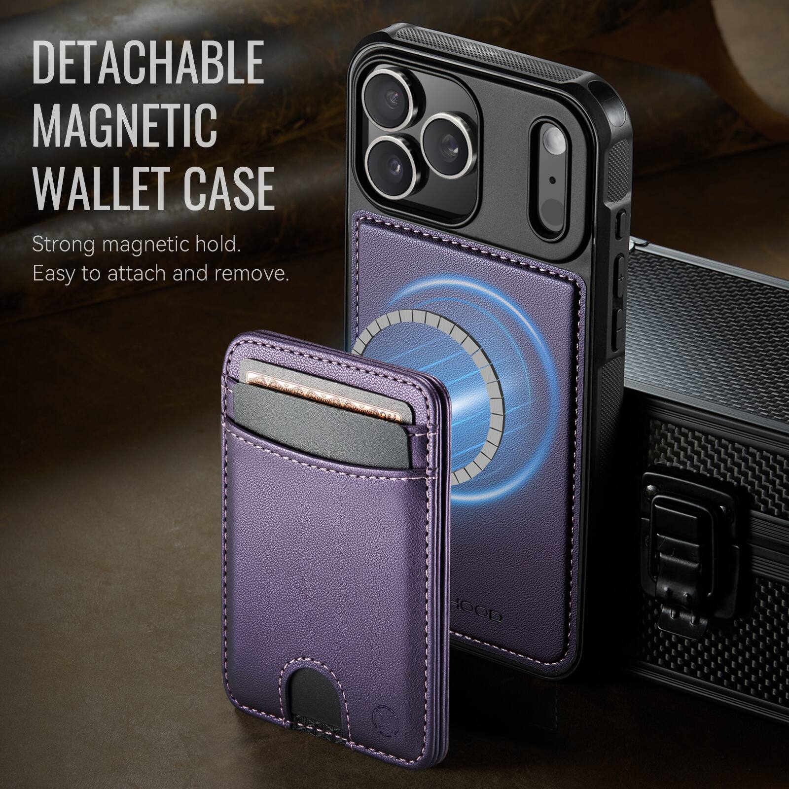 DETACHABLE MAGNETIC WALLET CASE  
Strong magnetic hold.  
Easy to attach and remove.