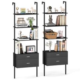 Gymax - 2 PCS Ladder Bookshelf w/ Storage Wall Mount Bookcase w/ 4 Open Shelves - Black