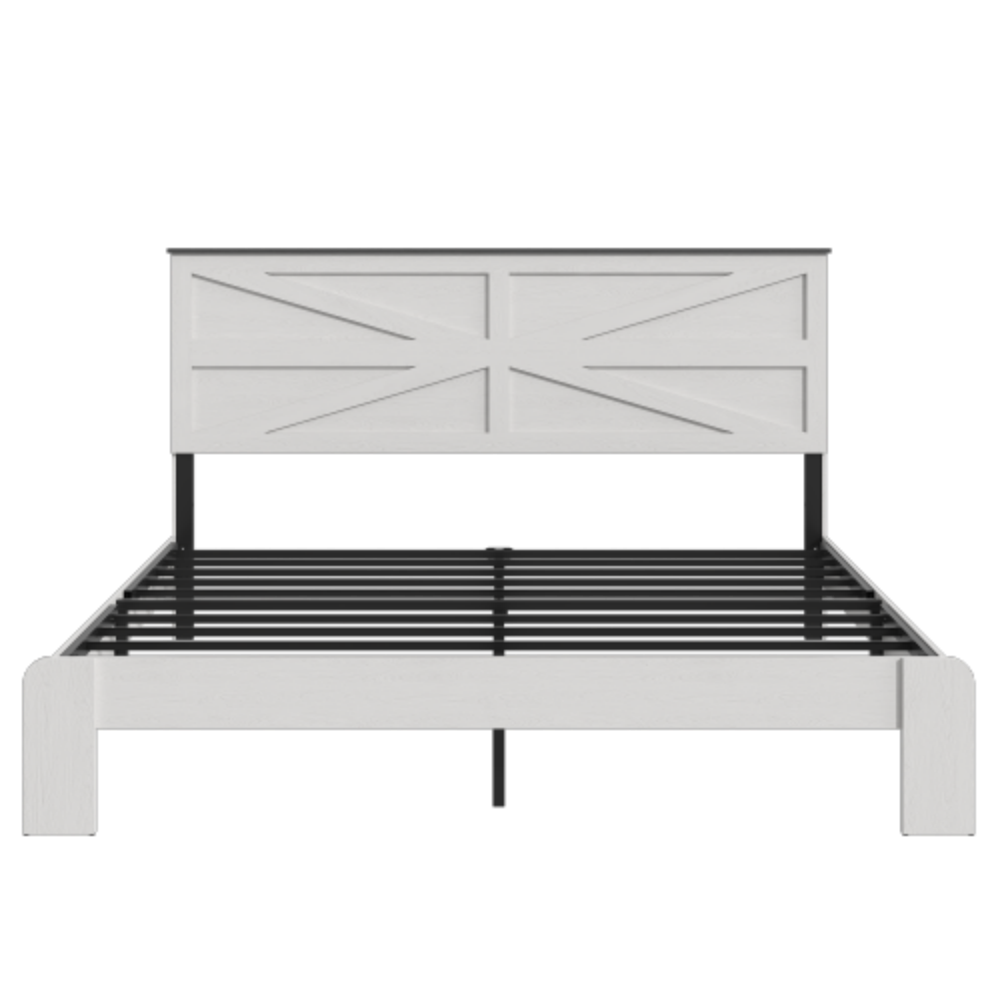 Alt View 3. LUCKY ONE - King Size Wood Platform Bed Frame with Industrial Style, Metal Frame, Wood Slats, No Box Spring Needed - White,King.