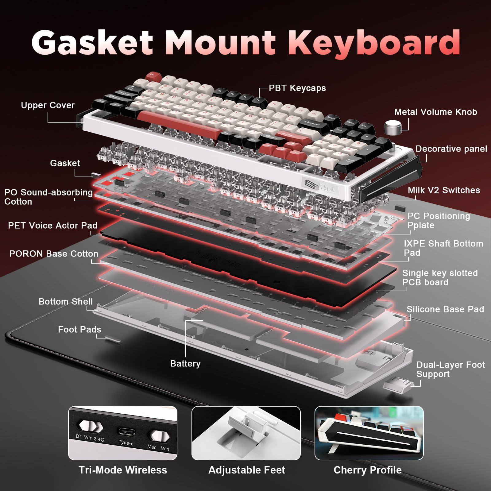 Gasket Mount Keyboard

- Upper Cover
- Gasket
- PO Sound-absorbing Cotton
- PET Voice Actor Pad
- PORON Base Cotton
- Bottom Shell
- Foot Pads
- Battery
- BT Wire 2.4G
- Type-c
- Mac Win
- Tri-Mode Wireless
- Adjustable Feet
- Cherry Profile
- PBT Keycaps
- Metal Volume Knob
- Decorative panel
- Milk V2 Switches
- PC Positioning Pplate
- IXPE Shaft Bottom Pad
- Single key slotted PCB board
- Silicone Base Pad
- Dual-Layer Foot Support