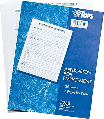 PERSO EM FOR EMPLOYMENT TOPS. APPLICATION FOR EMPLOYMENT 25 Forms 4 Pages Per Form Replaces 3288 Radior Adoms 9288 & 90288
