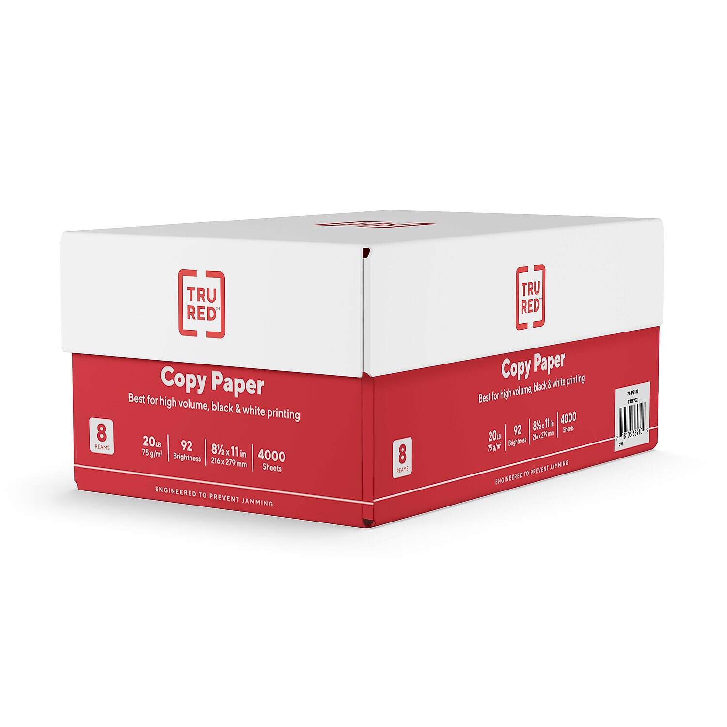 TRU RED  
Copy Paper  
Best for high volume, black & white printing  

8 REAMS  
20 µm  
75 g/m²  
92 Brightness  
8½ x 11 in  
4000 Sheets  
216 x 279 mm  

ENGINEERED TO PREVENT JAMMING  

TRU RED  
Copy Paper  
Best for high volume, black & white printing  

8 REAMS  
20 µm  
75 g/m²  
92 Brightness  
8½ x 11 in  
4000 Sheets  
216 x 279 mm  

ENGINEERED TO PREVENT JAMMING