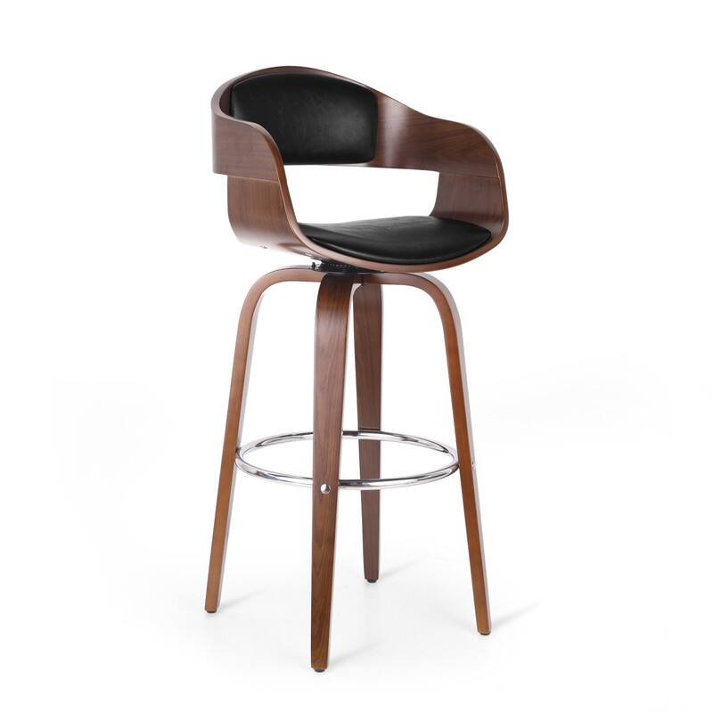 Alt View 3. HTUTWOO - Mid-Century Modern Swivel Bar Stool, Walnut Wood Veneer Frame with Footrest, Leather Upholstery for Kitchen, Island, Bar - Black.