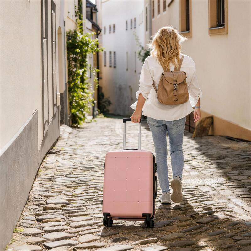 Angle. HTUTWOO - Hardside Luggage - 5 Piece with Bags -20" Half-opening Carry on with USB Port,Expandable 24"/28",Spinner Wheels,TSA Lock - Light Pink.