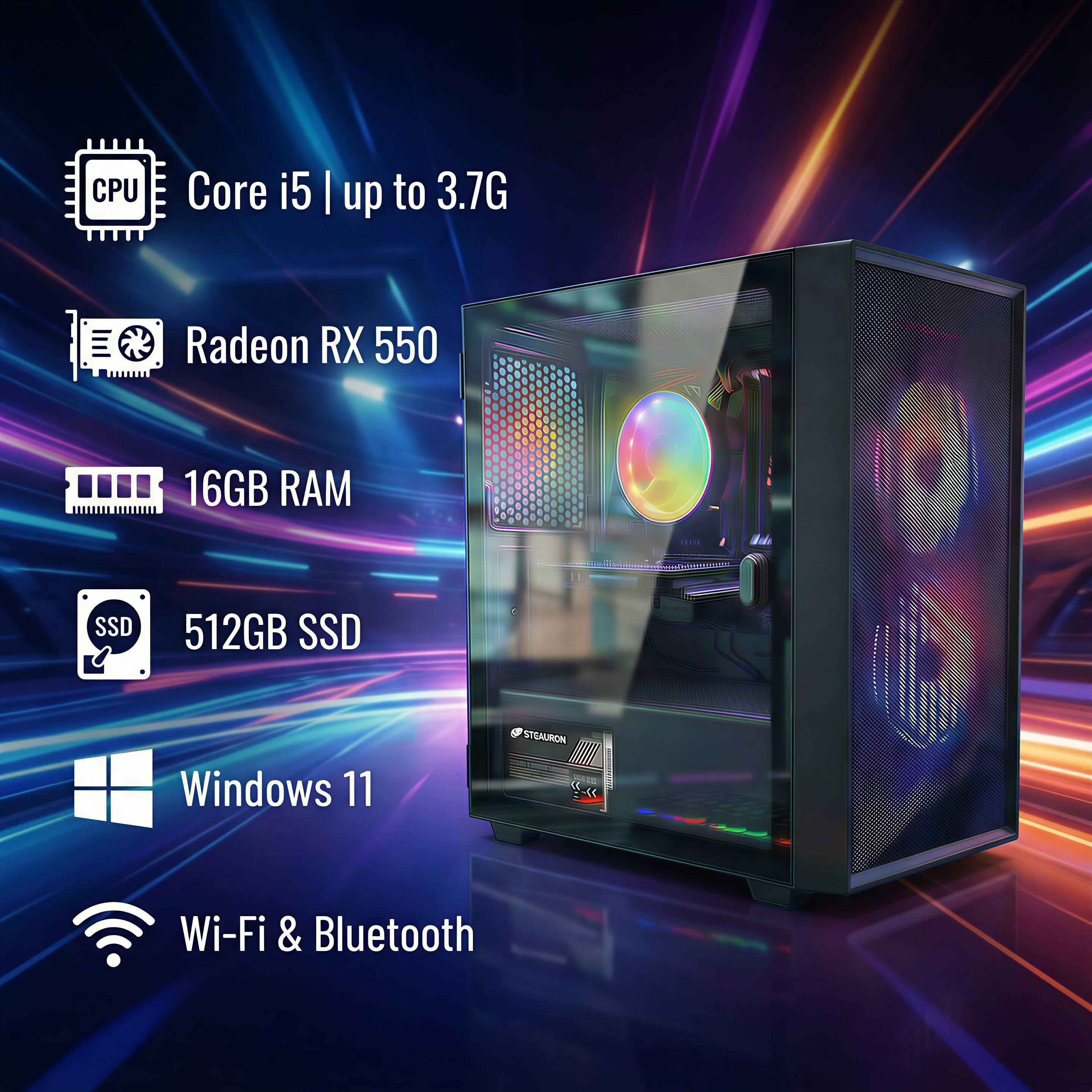 CPU: Core i5 | up to 3.7G  
GPU: Radeon RX 550  
RAM: 16GB  
Storage: 512GB SSD  
OS: Windows 11  
Connectivity: Wi-Fi & Bluetooth