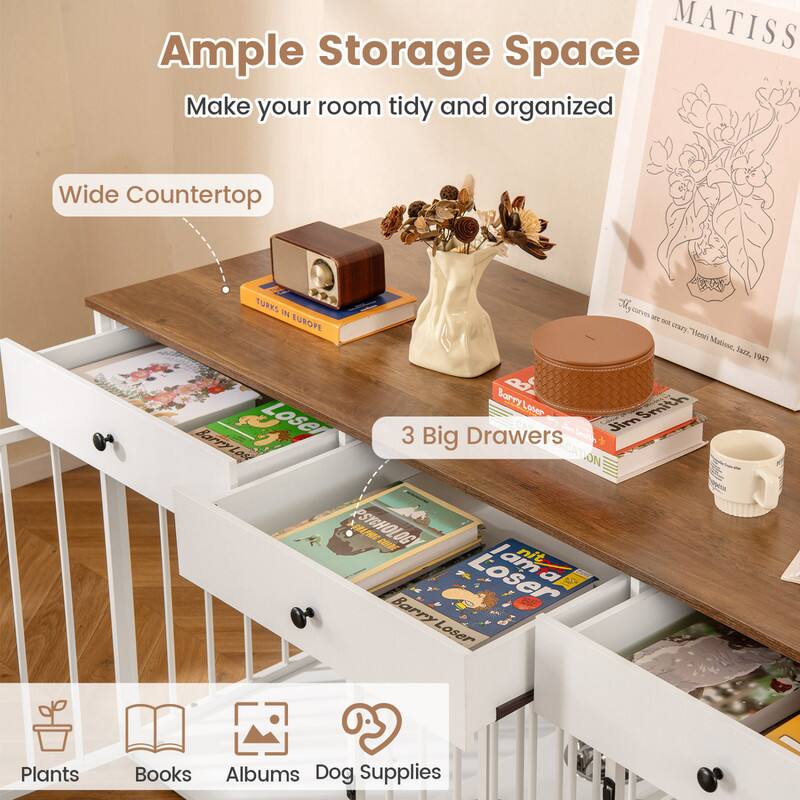 Ample Storage Space MATISS Make your room tidy and organized

Wide Countertop

3 Big Drawers

Plants
Books
Albums
Dog Supplies