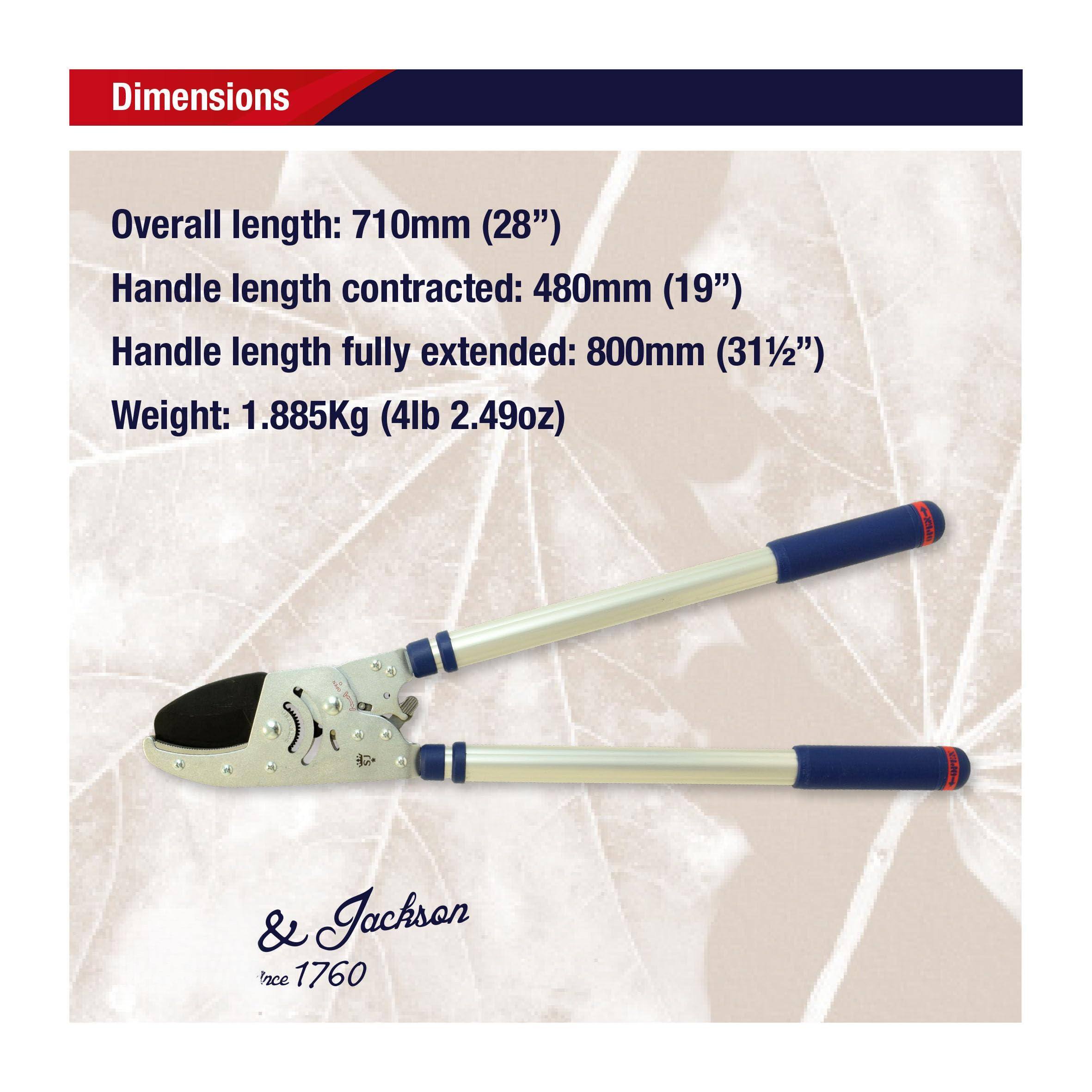 Dimensions  
Overall length: 710mm (28")  
Handle length contracted: 480mm (19")  
Handle length fully extended: 800mm (31½")  
Weight: 1.885Kg (4lb 2.49oz)  

B E & Jackson  
ince 1760