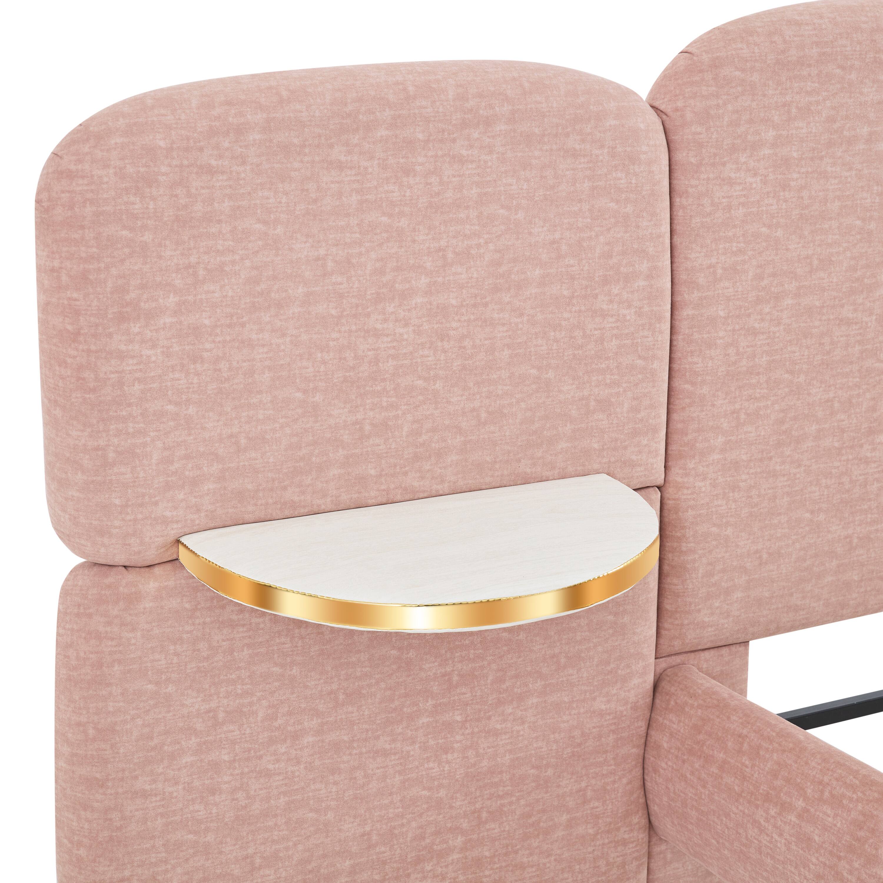 Left. Whisen - Upholstered Platform Bed with Block-Shaped Headboard and Integrated Side Table Shelves - Pink.