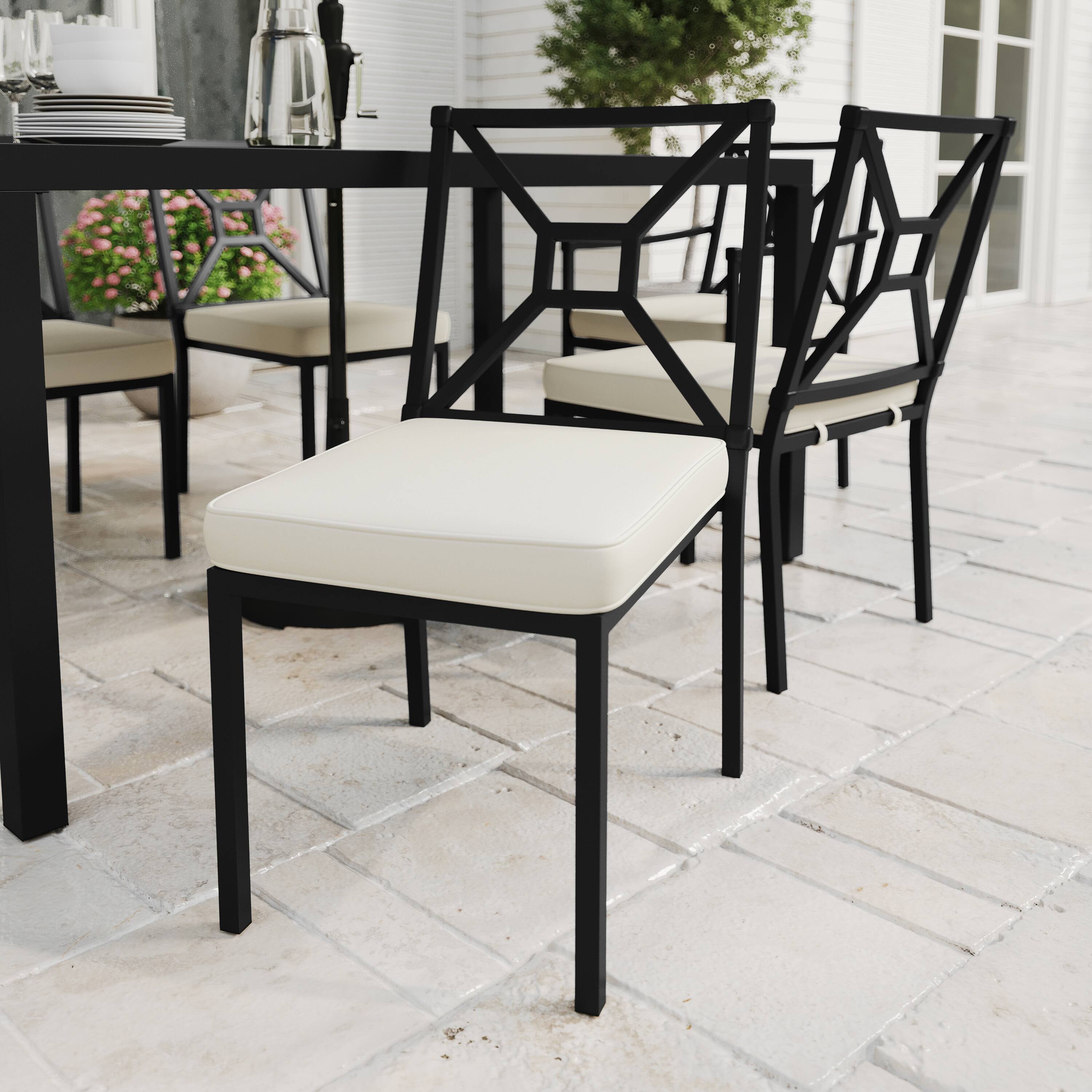 Alt View 4. Martha Stewart - Lily Pond All-Weather Steel Frame Stackable Patio Side Dining Chair with Cushion - Cream Cushions/Black Frame.