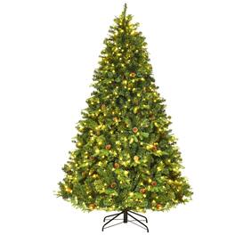Costway - 7.5Ft Pre-Lit Christmas Tree Hinged 540 LED Lights Pine Cones - Green