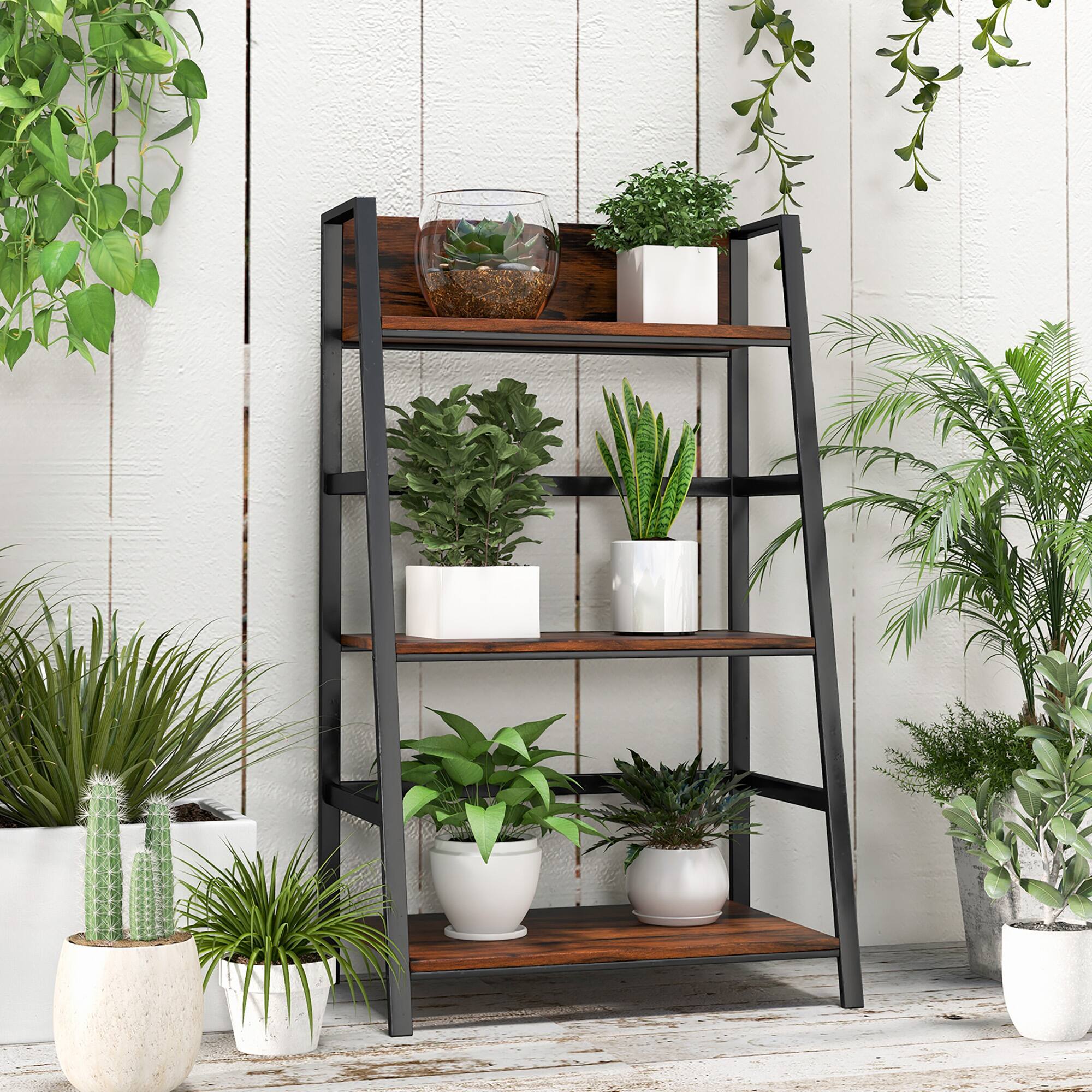 Alt View 11. Costway - 3-Tier Ladder Bookshelf Industrial Storage Rack Bookcase Plant Display Shelf - Rustic Brown.