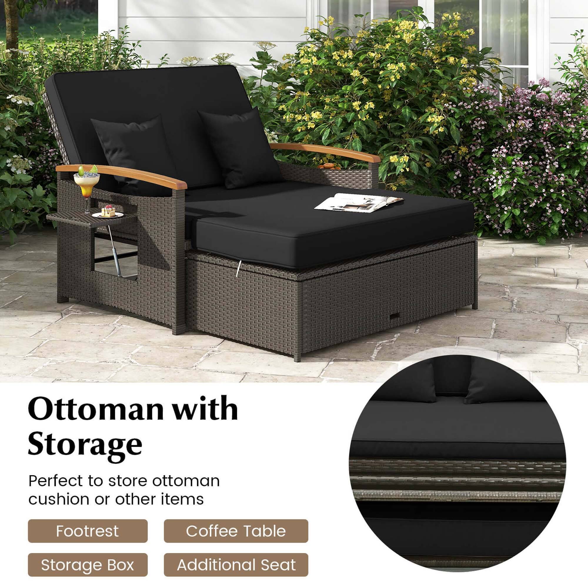 The text on the image is grouped and corrected as follows:
Ottoman with Storage: Perfect to store ottoman cushion or other items.
Footrest: Coffee Table Storage Box.
Additional Seat: Storage Box.