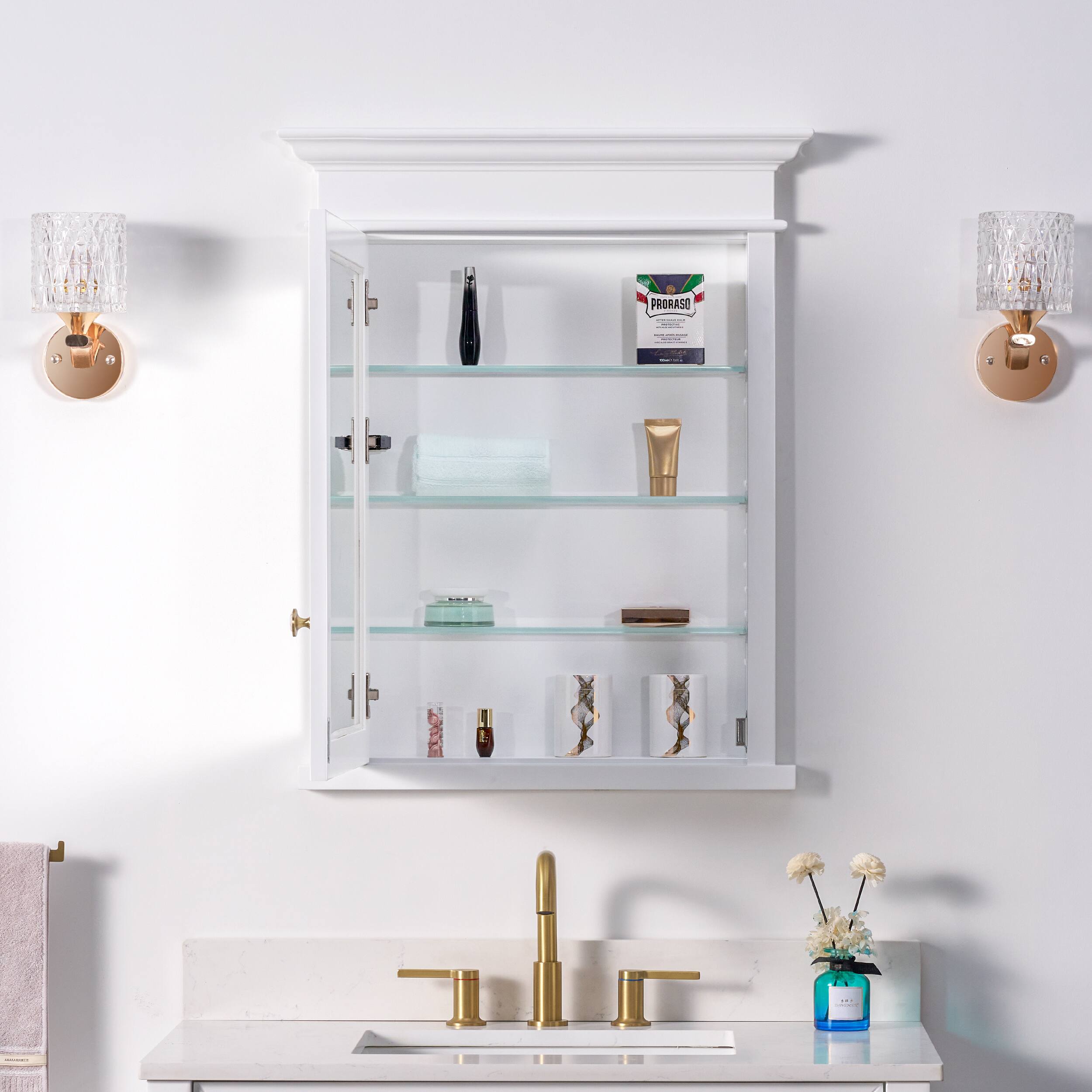 Back. WELLFOR - 26-Inch W x 36-Inch H Recessed Solid Rubberwood Medicine Cabinet with Left-Hinged Mirrored Door - White.