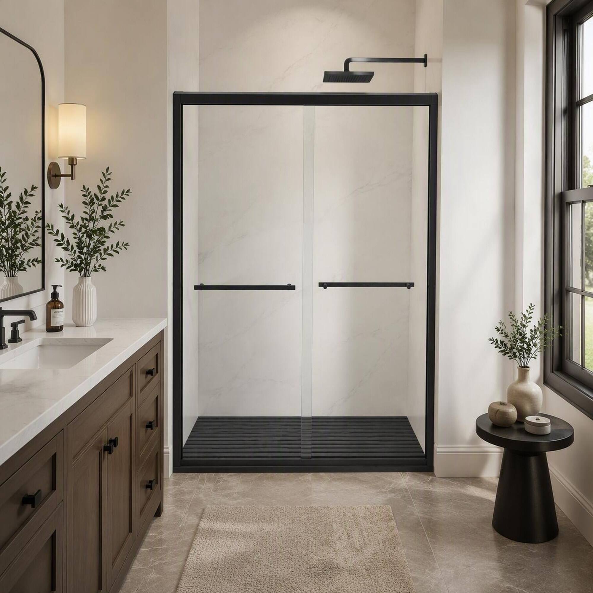Left. RYHNUYNE - 44-48" X 72" Aluminum Frame Double Sliding Shower Door With 5/16" Clear Tempered Glass, Matte Black Hardware - Matt Black.