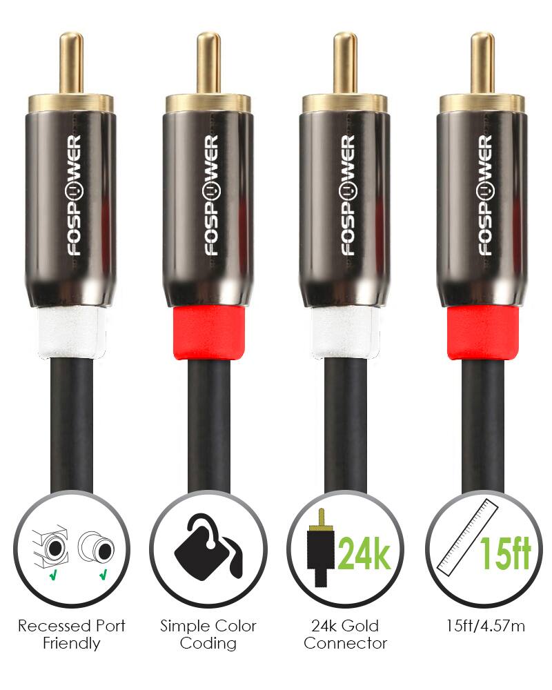 FOSPOWER FOSPOWER FOSPOWER FOSPOWER 24k 15ft Recessed Port Friendly Simple Color Coding 24k Gold Connector 15ft/4.57m