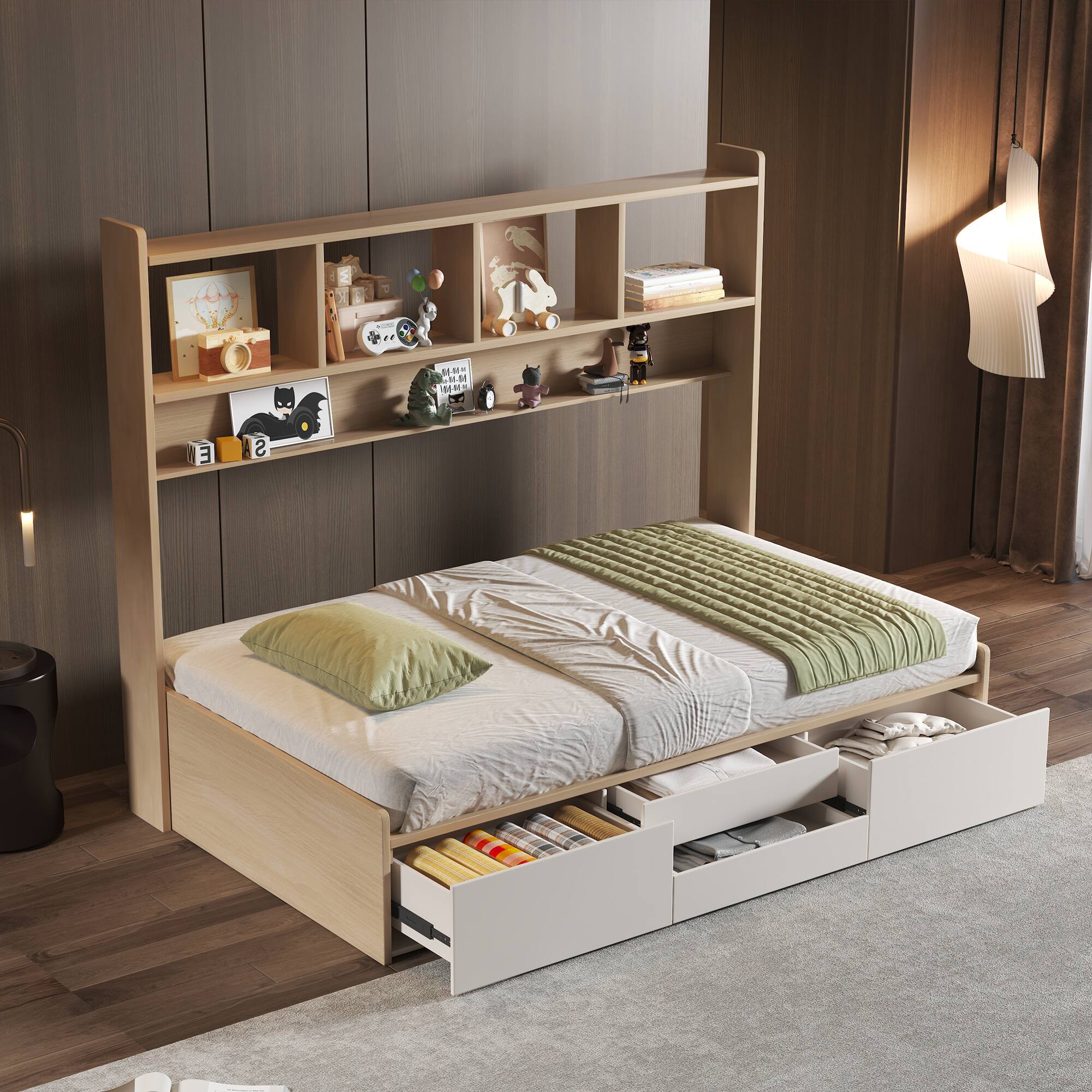 Alt View 1. luck idea - 83.85" Kids' Bed with Four Drawers and Bookshelf - Natural Color.