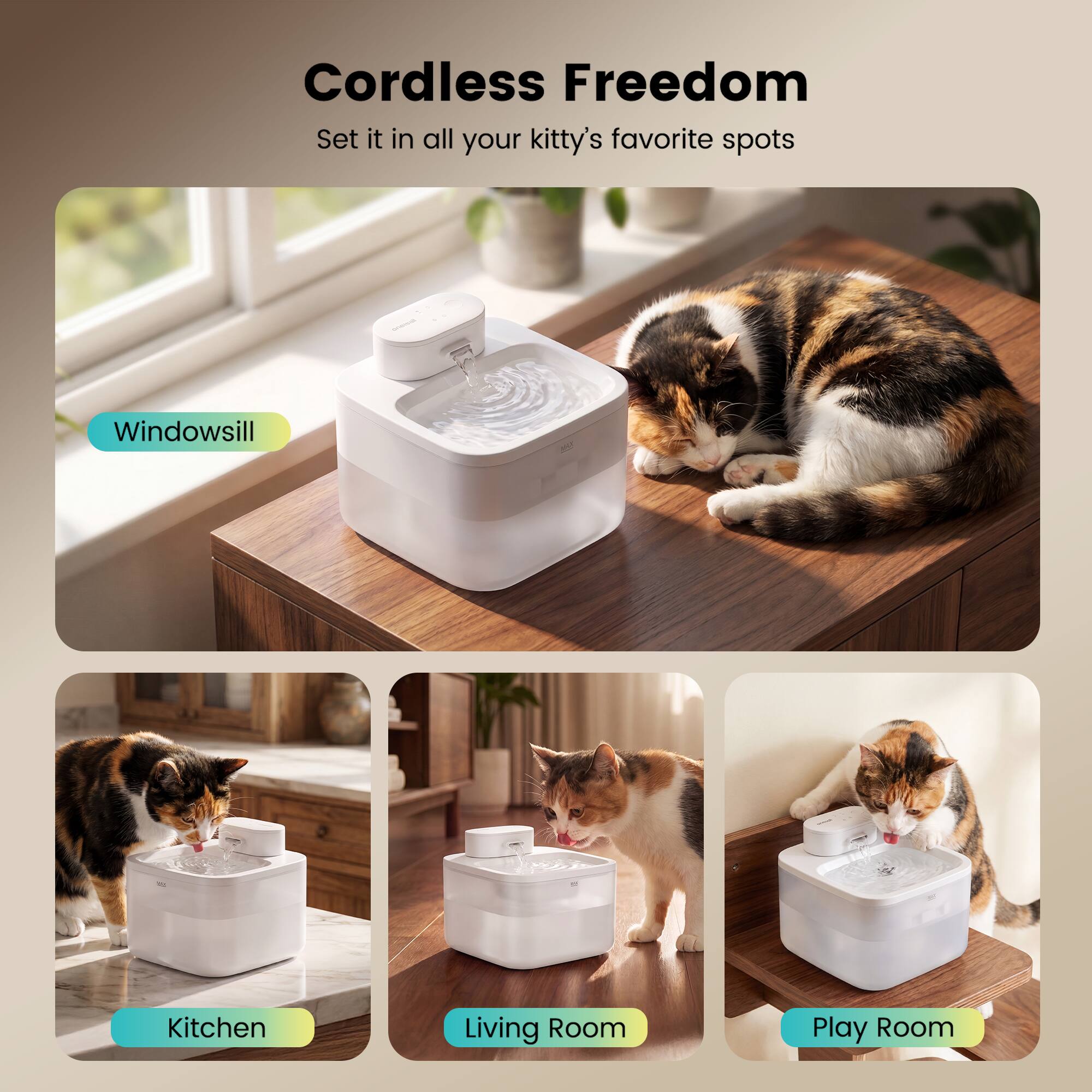 Oneisall 2.2L/74oz Wireless Cat Water Fountain With Silent Pump 3 Flow ...