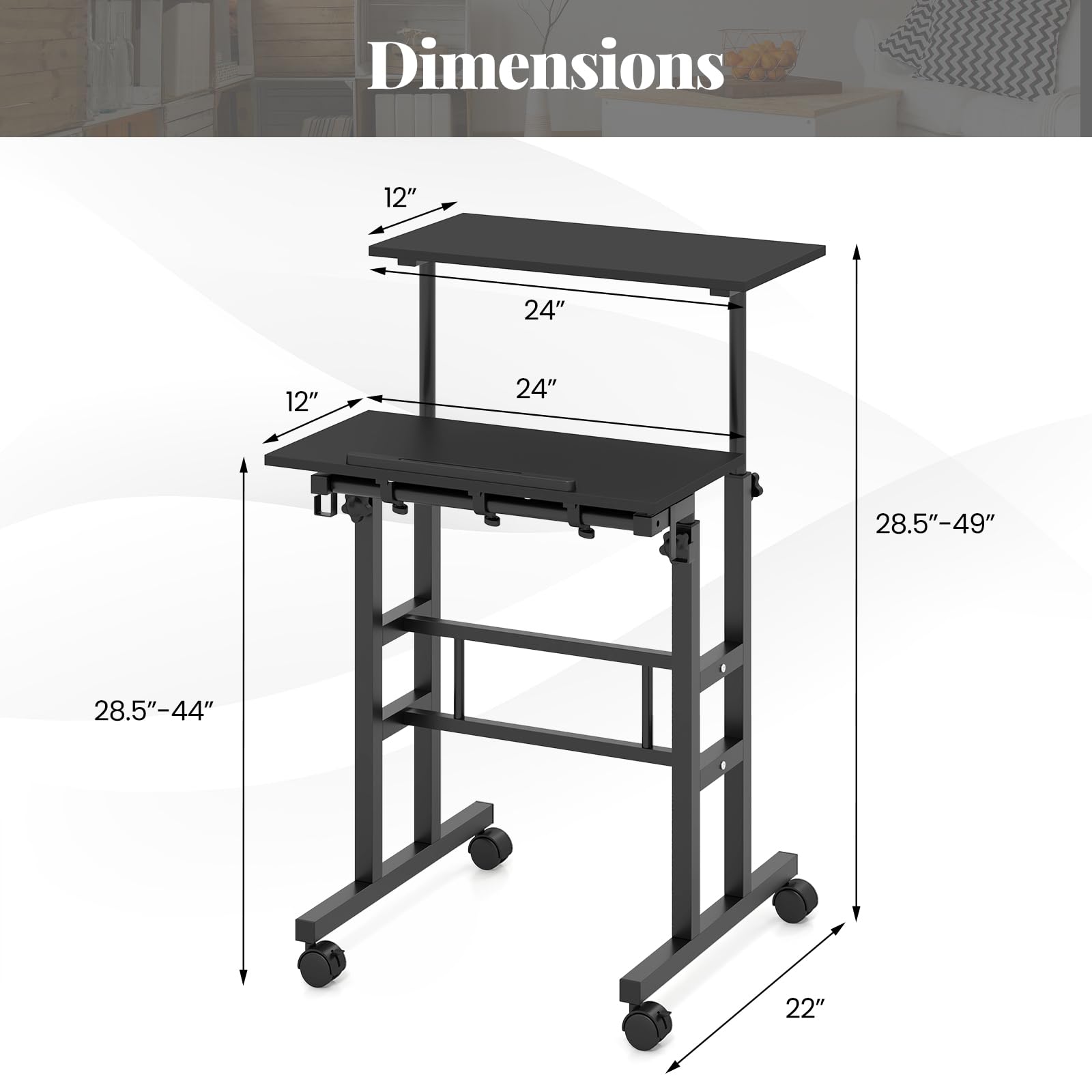 Dimensions: 12" x 24" x 12" x 24" x 28.5"-49" x 28.5"-44" x 22"