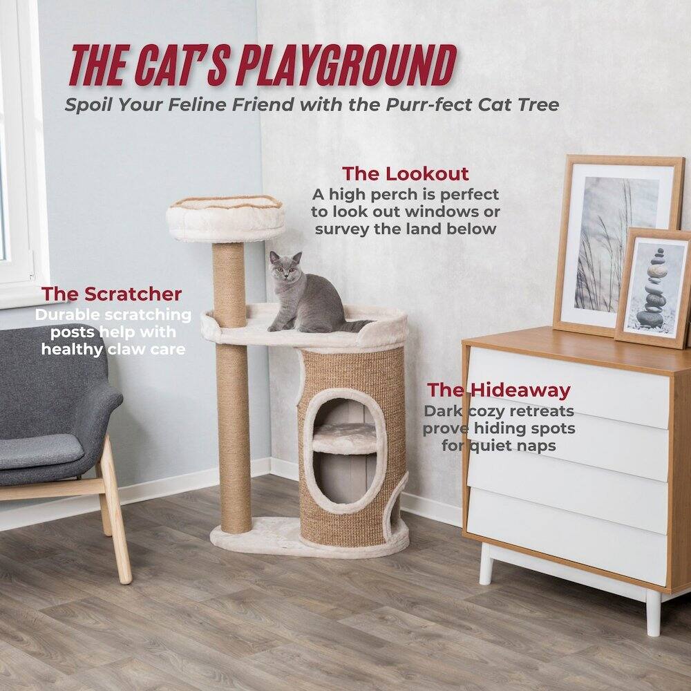 THE CAT'S PLAYGROUND  
Spoil Your Feline Friend with the Purr-fect Cat Tree  

The Lookout  
A high perch is perfect to look out windows or survey the land below  

The Scratcher  
Durable scratching posts help with healthy claw care  

The Hideaway  
Dark cozy retreats prove hiding spots for quiet naps