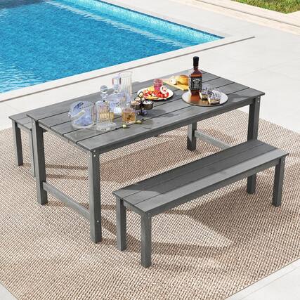 Front. Gymax - Gymax 3PCS Dining Table Set w/ 2 BenchesPatio HDPE Weather Resistant Furniture Set Gray - Gray.