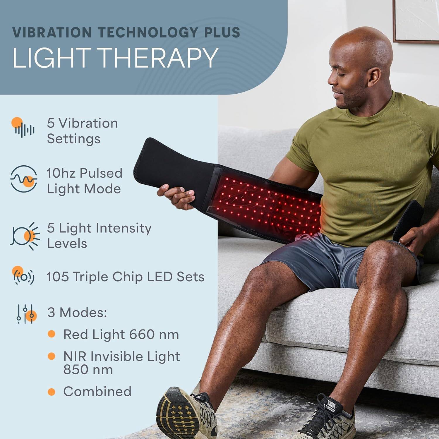VIBRATION TECHNOLOGY PLUS LIGHT THERAPY

- 5 Vibration Settings
- 10Hz Pulsed Light Mode
- 5 Light Intensity Levels
- 105 Triple Chip LED Sets
- 3 Modes:
  - Red Light 660 nm
  - NIR Invisible Light 850 nm
  - Combined