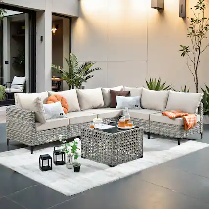 Front. Ovios - 7 PCS Outdoor Patio Furniture Rattan Sectional Sofa with Coffee Table for Backyard - Beige.