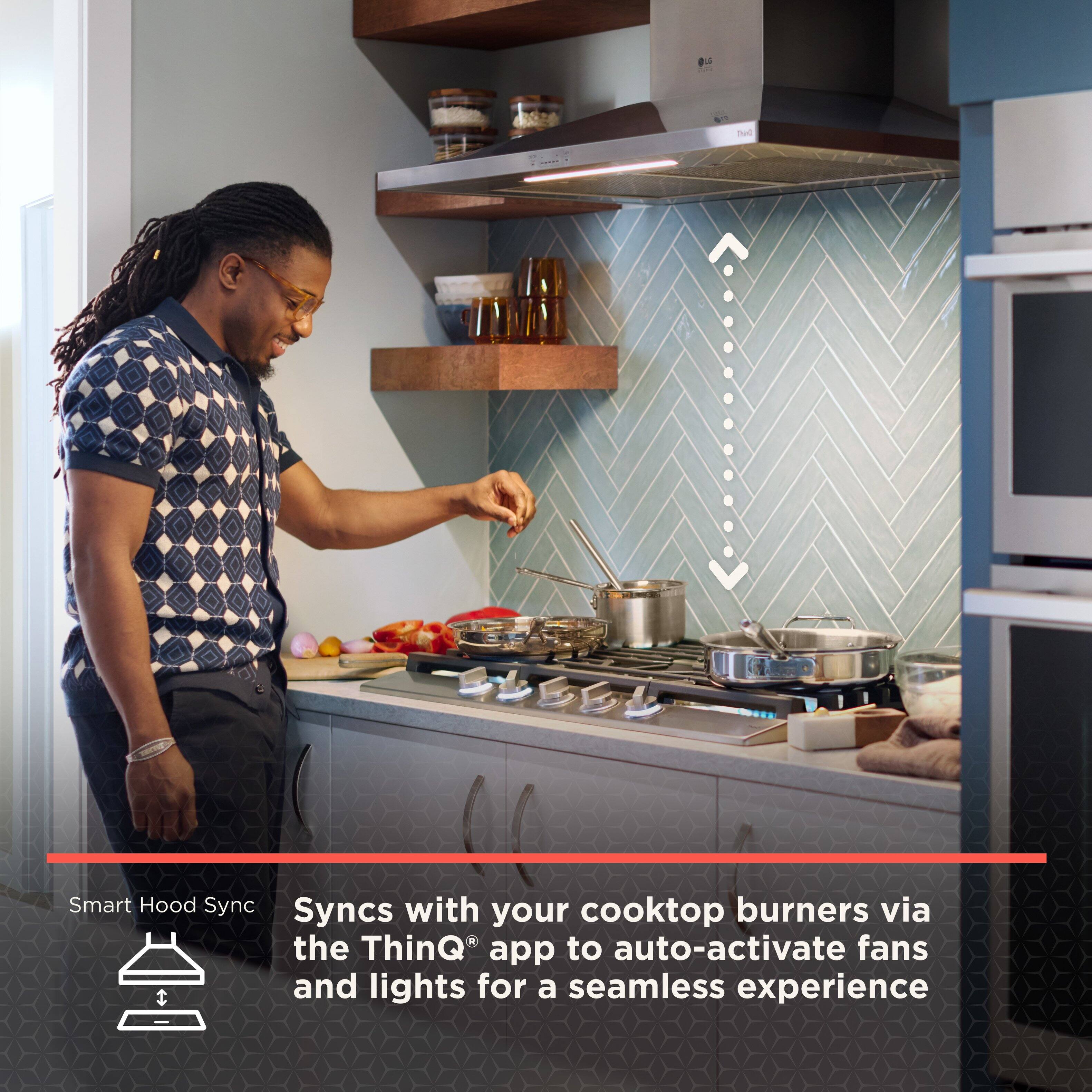 Smart Hood Sync syncs with cooktop burners via the ThinQ app to auto-activate fans and lights for a seamless experience.