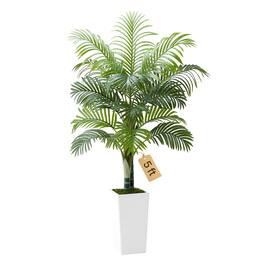 VEVOR - Artificial Areca Palm Tree 5 ft, Fake Palm Tropical Plants with White Tall Planter, Faux Floor Silk Plant in Pot - Green