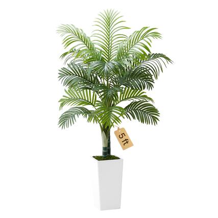 Front. VEVOR - Artificial Areca Palm Tree 5 ft, Fake Palm Tropical Plants with White Tall Planter, Faux Floor Silk Plant in Pot - Green.