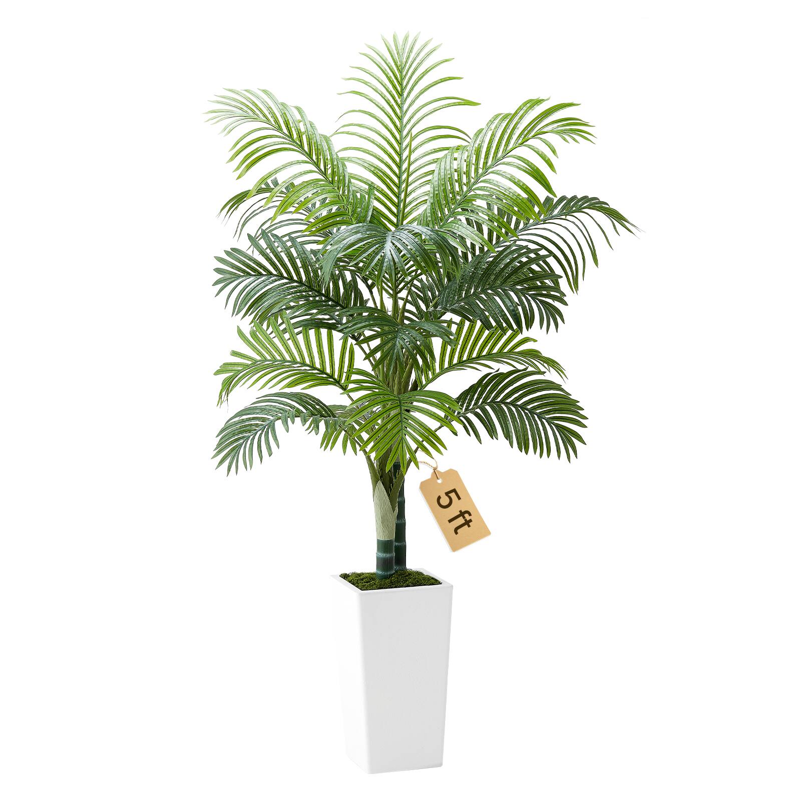 Front. VEVOR - Artificial Areca Palm Tree 5 ft, Fake Palm Tropical Plants with White Tall Planter, Faux Floor Silk Plant in Pot - Green.