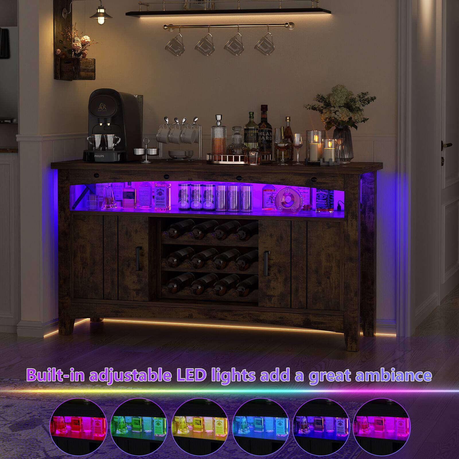 Built-in adjustable LED lights add a great ambiance
