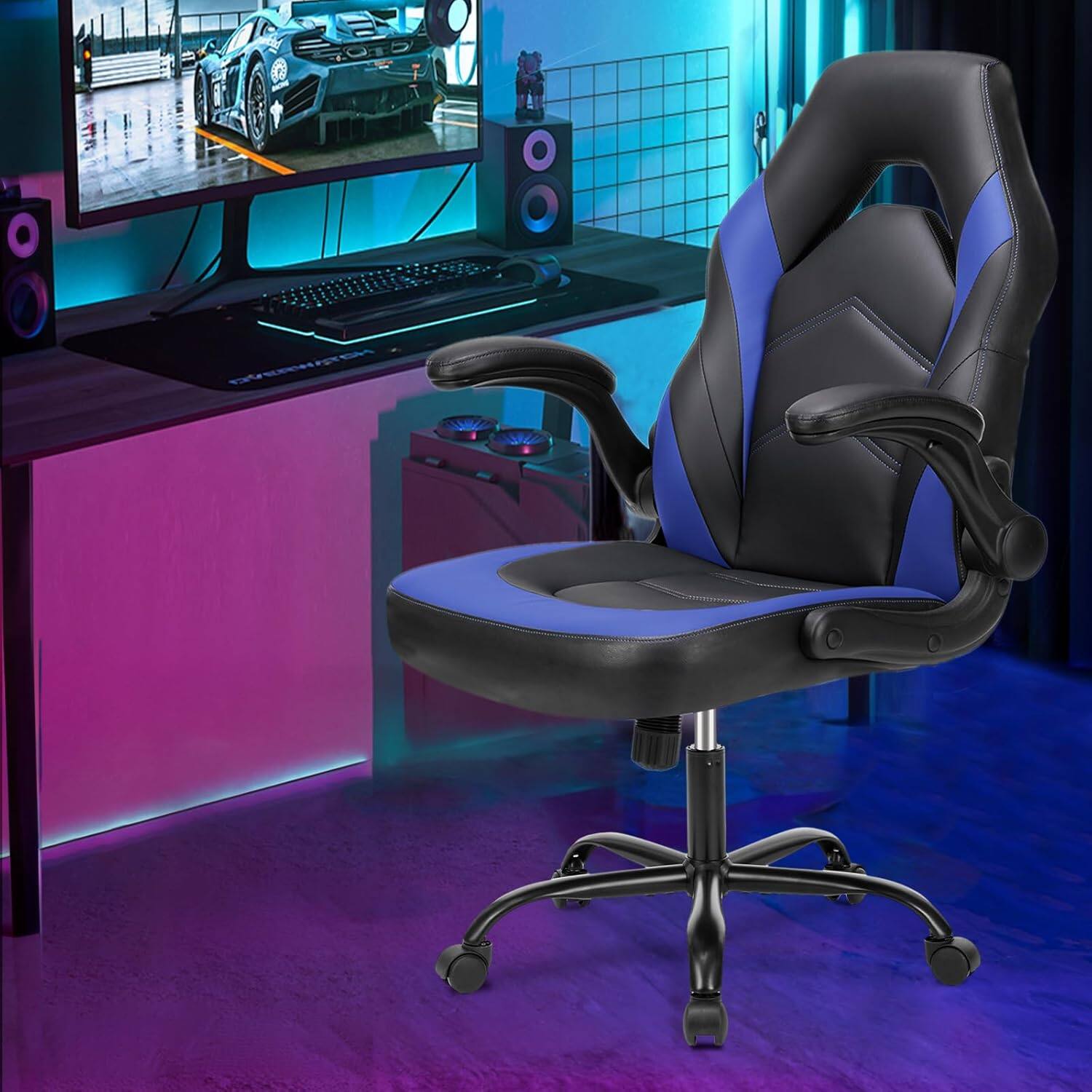 Alt View 4. AOITUN - Computer Gaming Desk Chair - Ergonomic Office Executive Adjustable Swivel Task PU Leather Racing Chair, Blue - Blue.