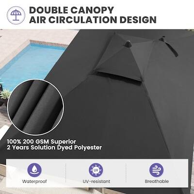 DOUBLE CANOPY AIR CIRCULATION DESIGN

100% 200 GSM Superior 2 Years Solution Dyed Polyester

Waterproof
UV-resistant
Breathable