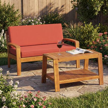 Front. Whisen - 2-Piece Outdoor Acacia Wood Conversation Set - Loveseat & Coffee Table with Water-Resistant Cushions - Red|Teak.