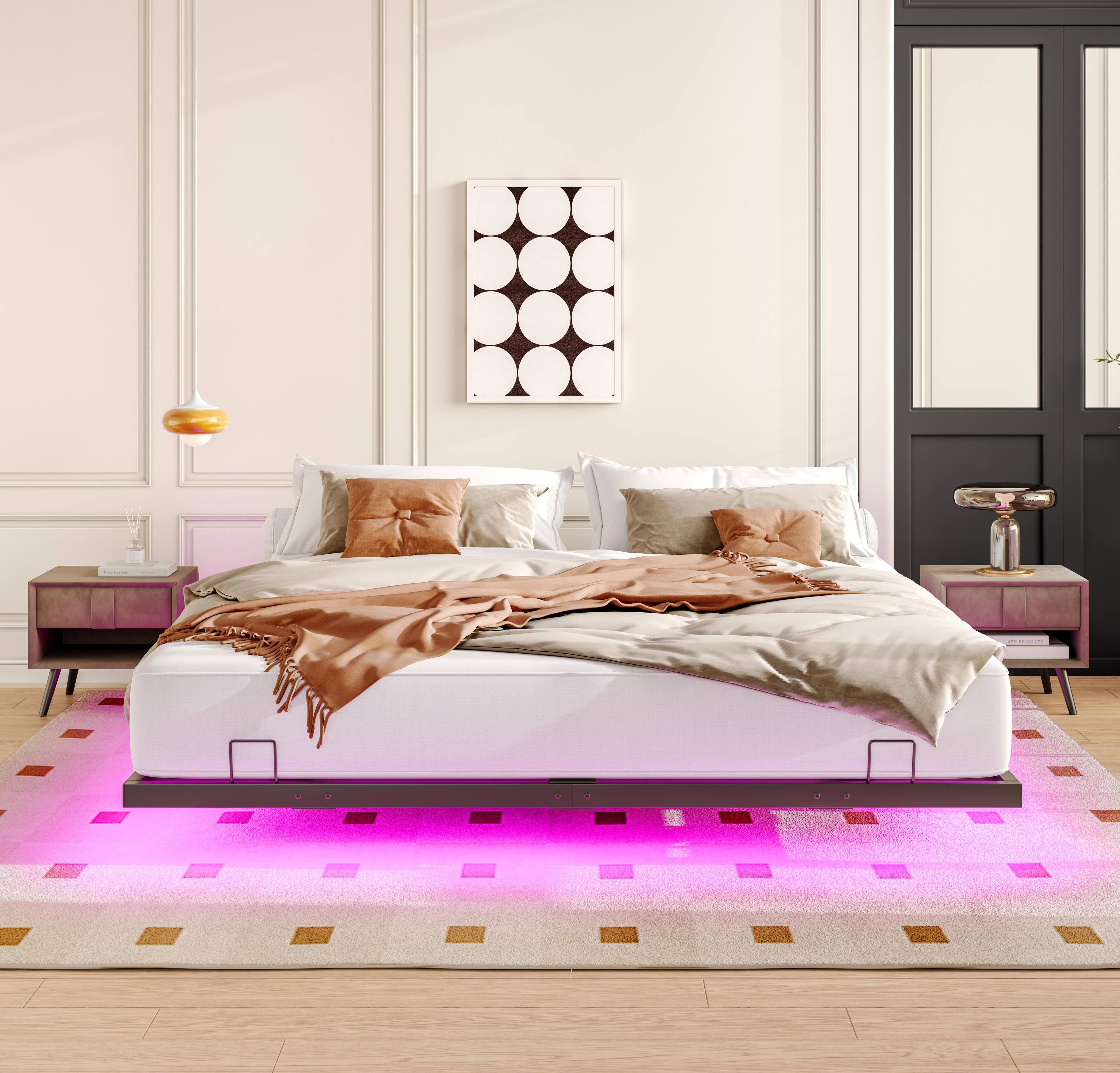 Angle. LUCKY ONE - Queen Size Floating Bed Frames with LED Lights - Black.
