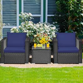 Gymax - 3PCS Rattan Patio Conversation Furniture Set Outdoor w/ Navy Cushions - Black
