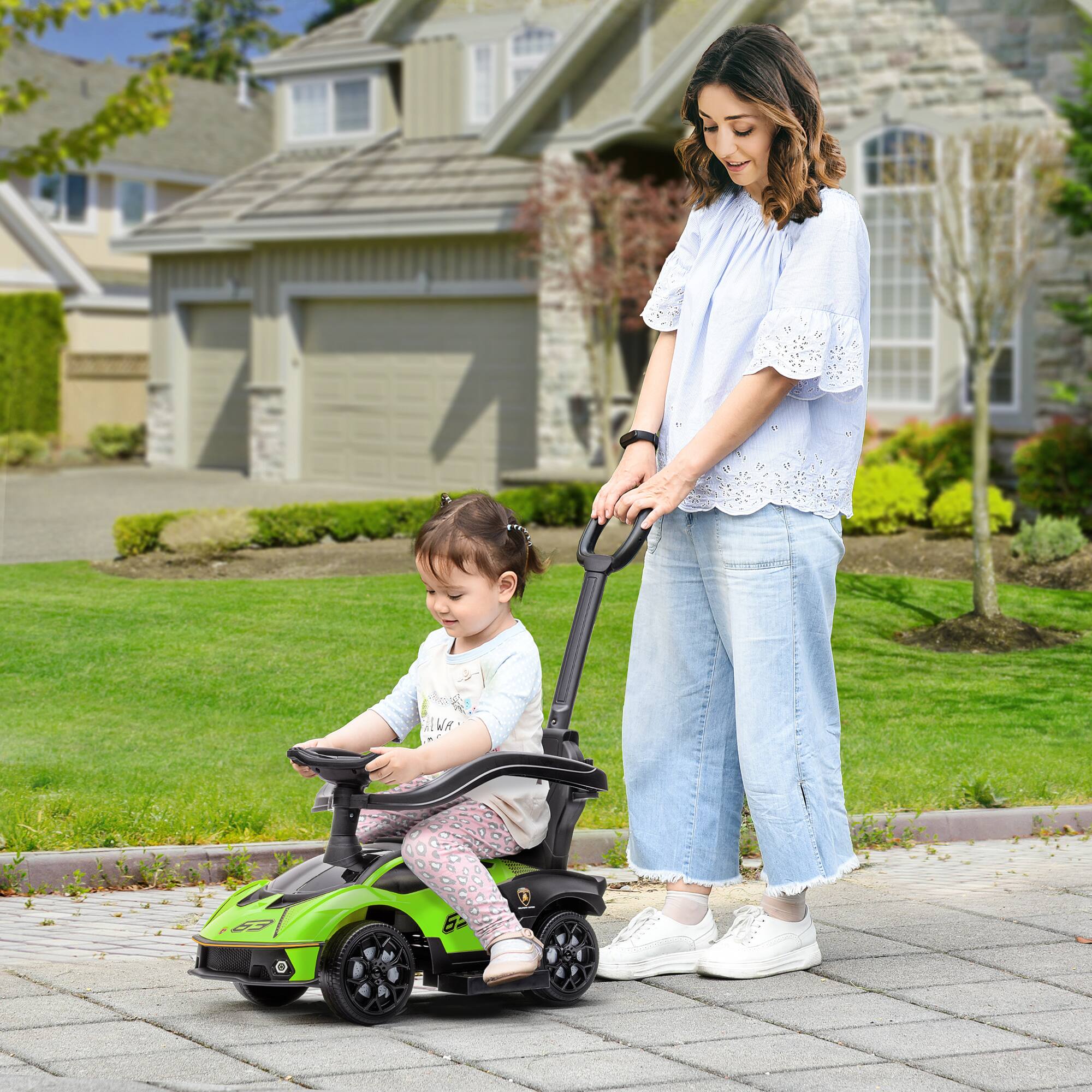 Angle. Aosom - 2-in-1 Ride On Push Car for Toddlers 1-3, Licensed Lamborghini Stroller Sliding Car, Push-Along with Under Seat Storage.