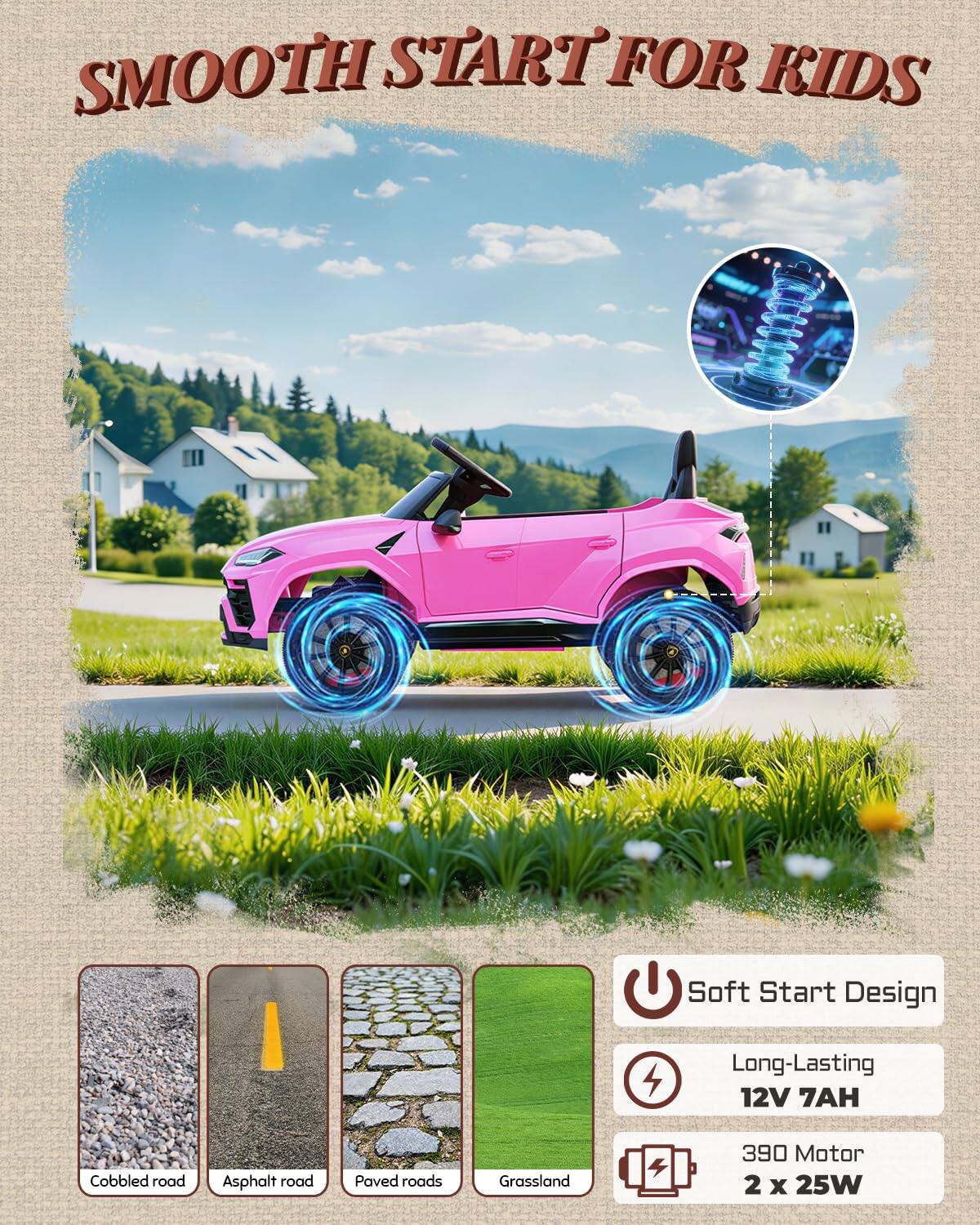 SMOOTH START FOR KIDS

Soft Start Design
Long-Lasting 12V 7AH
390 Motor
2 x 25W

Cobbled road
Asphalt road
Paved roads
Grassland
