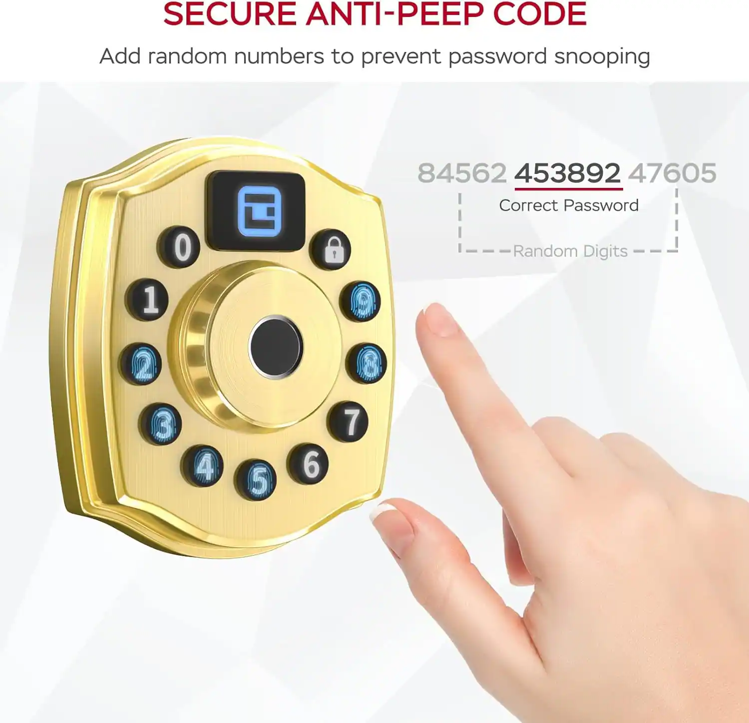 SECURE ANTI-PEEP CODE  
Add random numbers to prevent password snooping  

84562 453892 47605  
Correct Password  
Random Digits