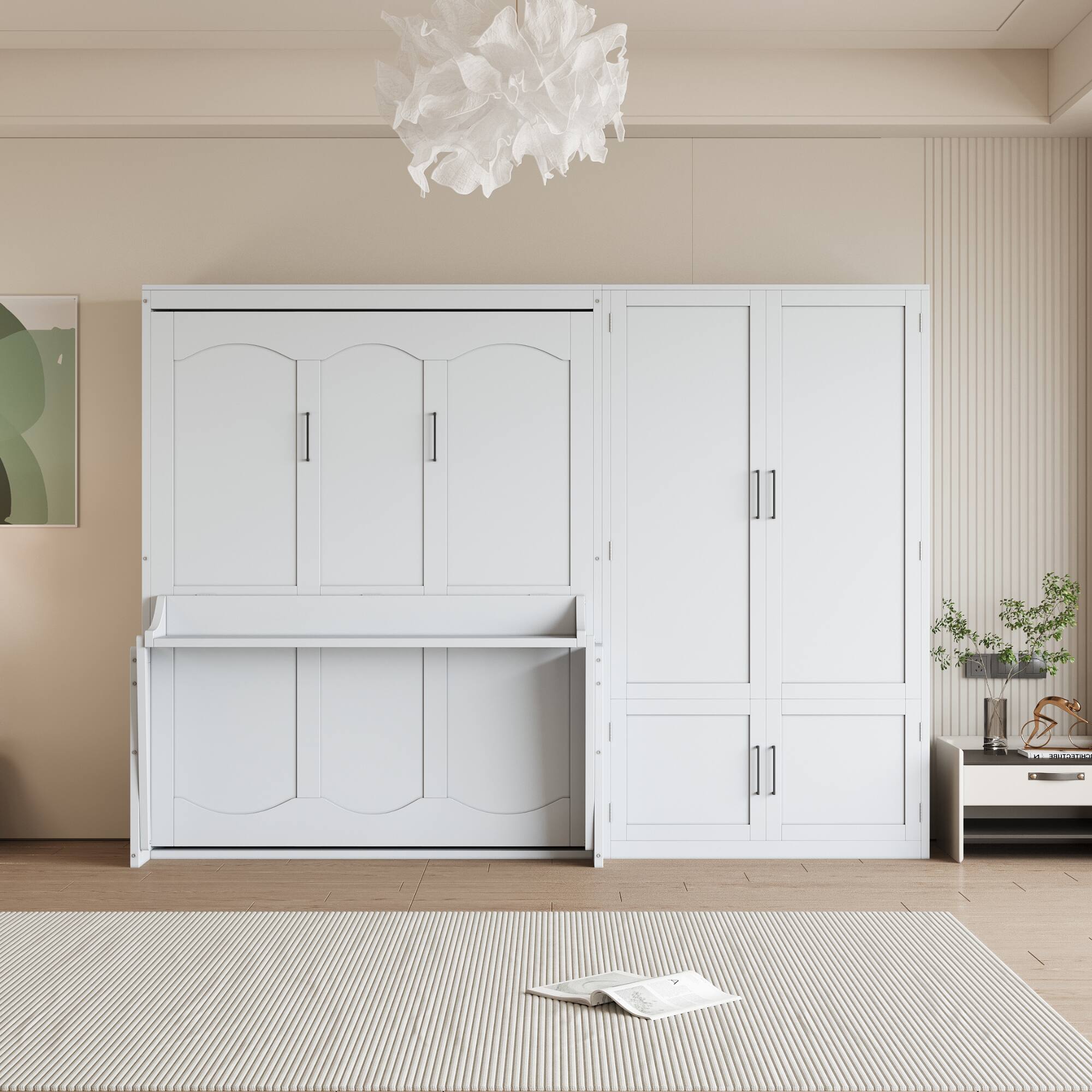 Angle. Tiramisubest - Queen Size Murphy Bed with Closet, White, MDF+LVL, 117x85x87 inches, 362 lbs - White.