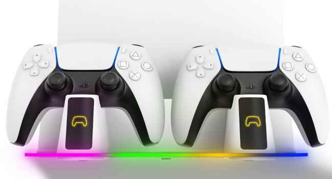 Angle. Fosmon - For PS5 Wall Mount Controller Charger Station, PS5 Wall mount Kit RGB Charging Station For Playstation 5 PS5 Pro Slim - White.