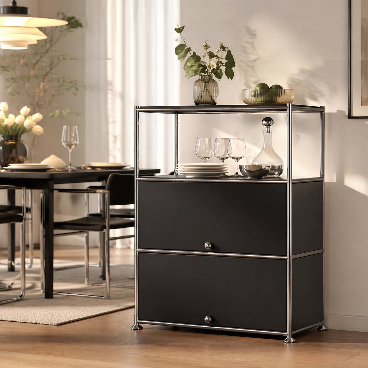 Front. Malletson - Metal Modular Sideboard Storage Cabinet 3 Tier, Modern Grid-Style, for Dining Room or Office - Black.